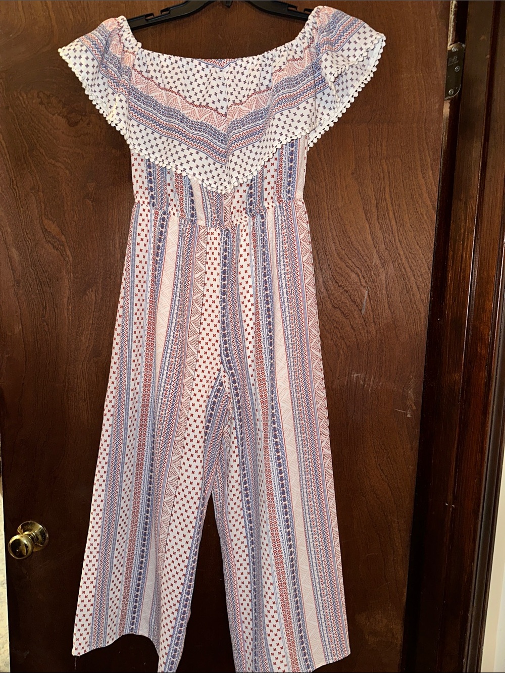 Takara Off-Shoulder Striped Printed Jumpsuit in Red & Blue perfect for 4th July